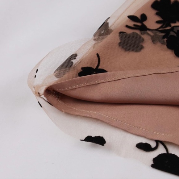 New Floral Print Mesh Lined Overlay Camel Caramel Tan Skirt Midi Maxi Black NWT - Picture 13 of 16